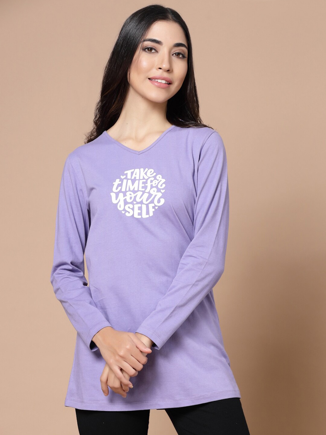 

HOUSE OF KKARMA Typography Printed V-Neck Cotton Relaxed Fit Longline T-shirt, Purple