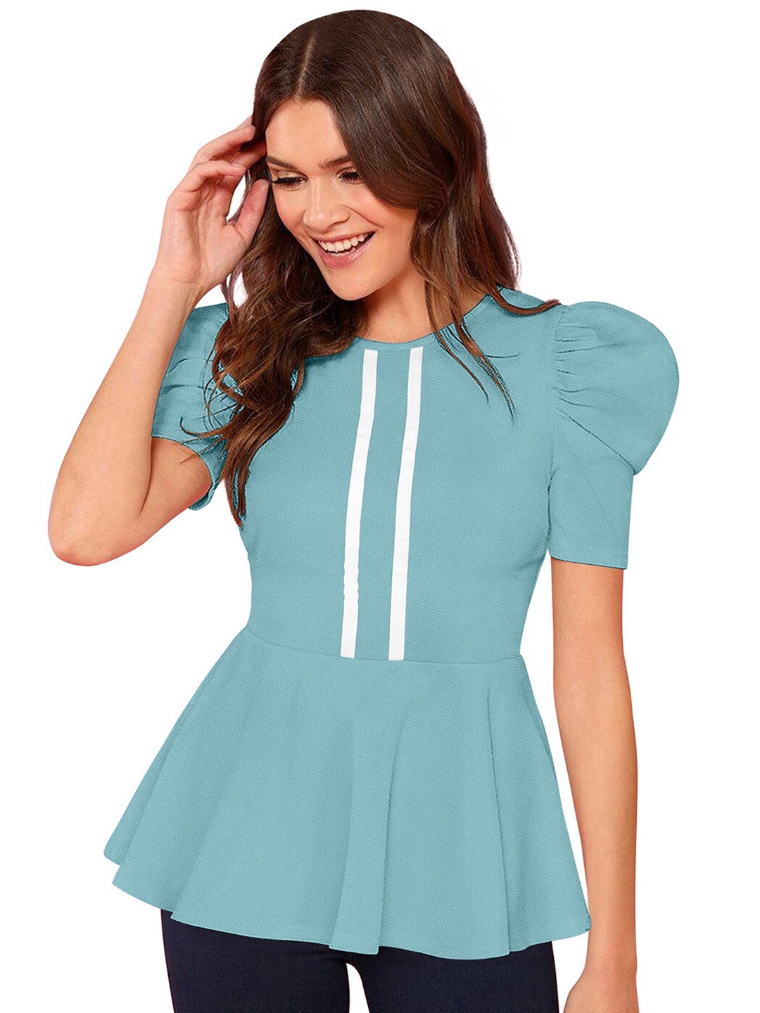 

BAESD Cotton Round Neck Puff Sleeves Peplum Casual Top, Sea green