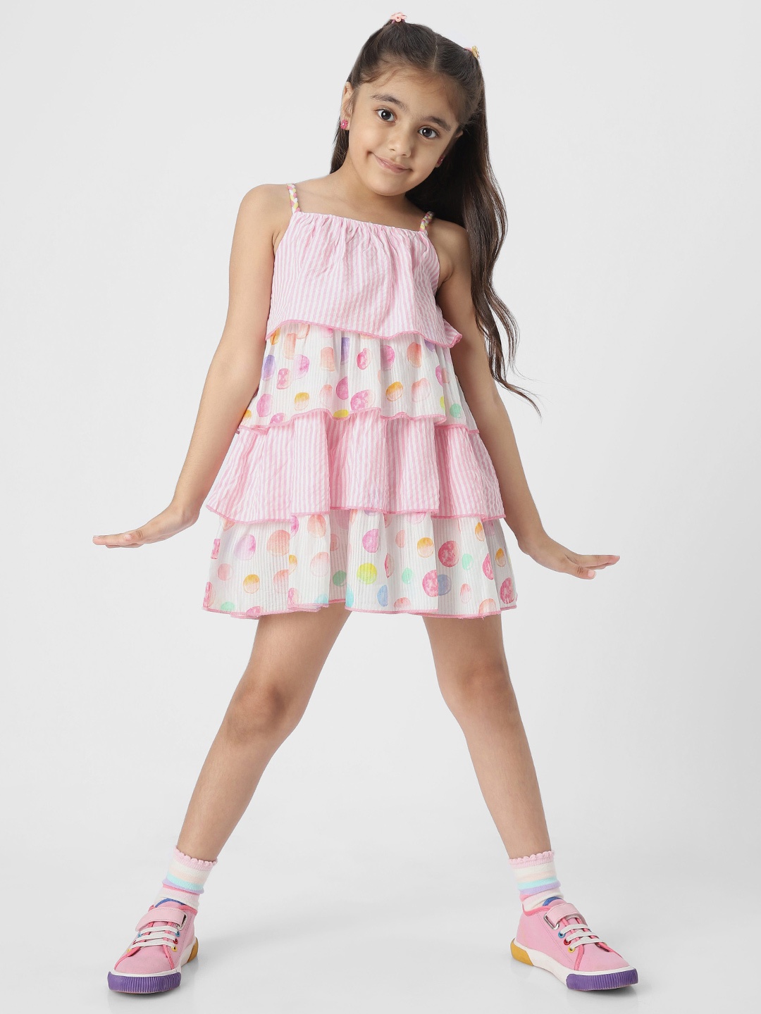 

Nauti Nati Girls Striped Shoulder Straps Layered Pure Cotton A-Line Dress, Pink
