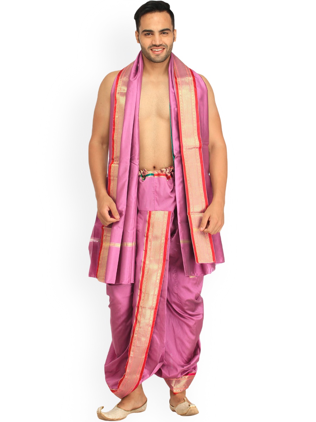 

Exotic India Light Rose Ready to Wear Dhoti and Veshti Set with Woven Golden Border, Pink