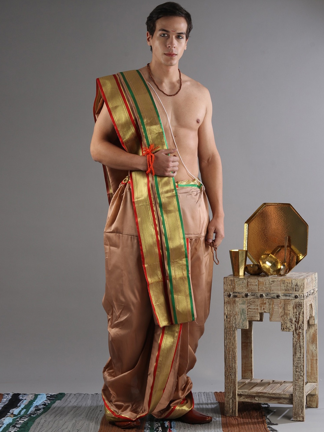 

Exotic India Ready to Wear Dhoti and Veshti Set with Woven Golden Border, Cream