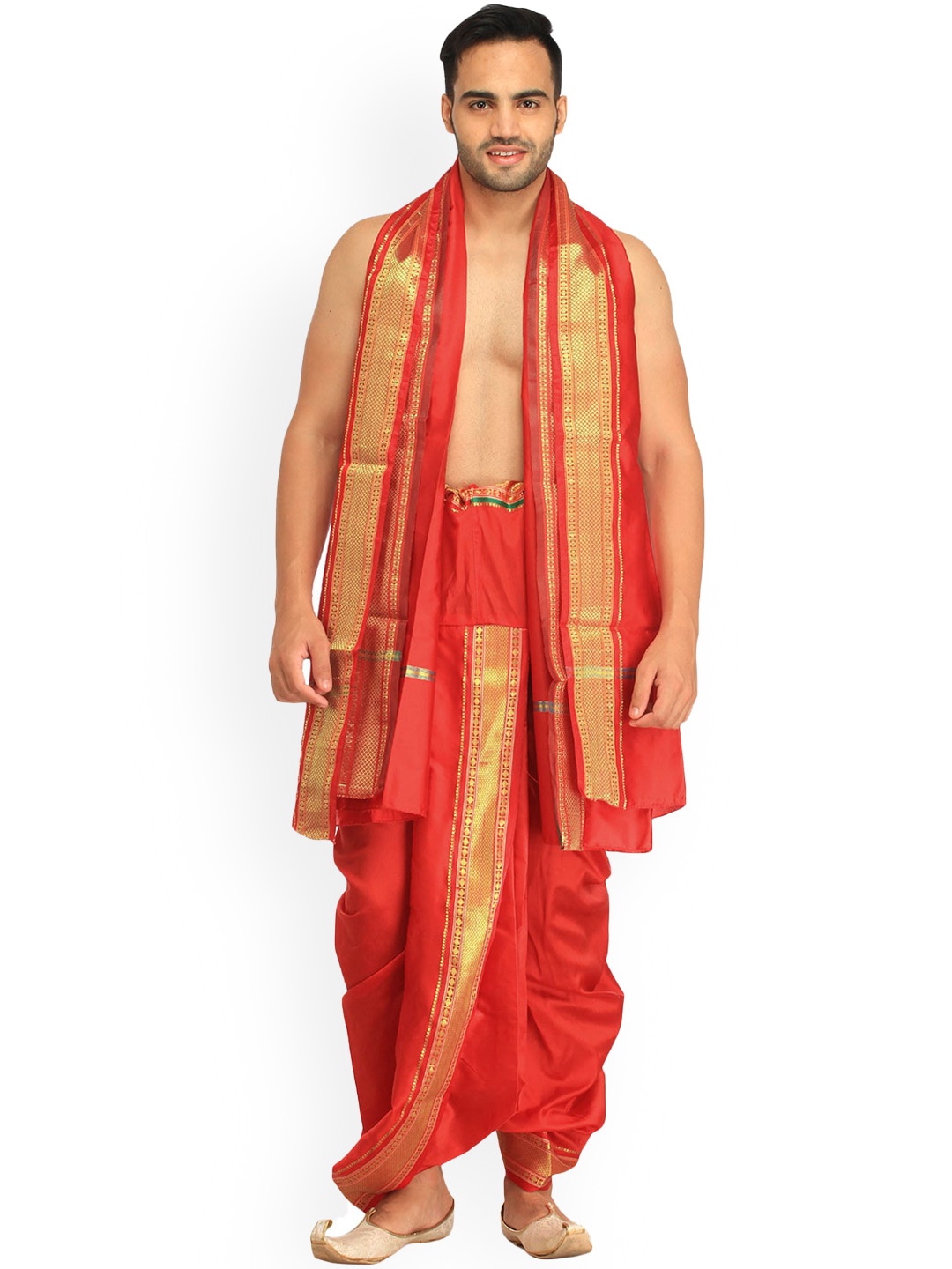 

Exotic India Rococco Red Ready to Wear Dhoti and Veshti Set with Woven Golden Border