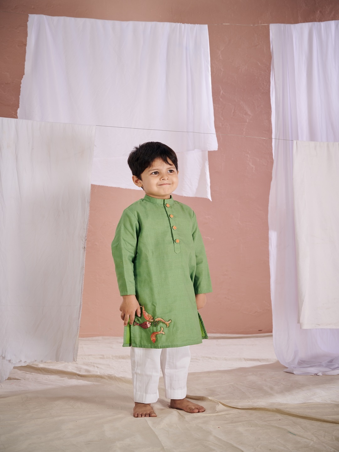 

Vivedkids Boys Thread Work Pure Cotton Straight Kurta With Pyjamas, Green