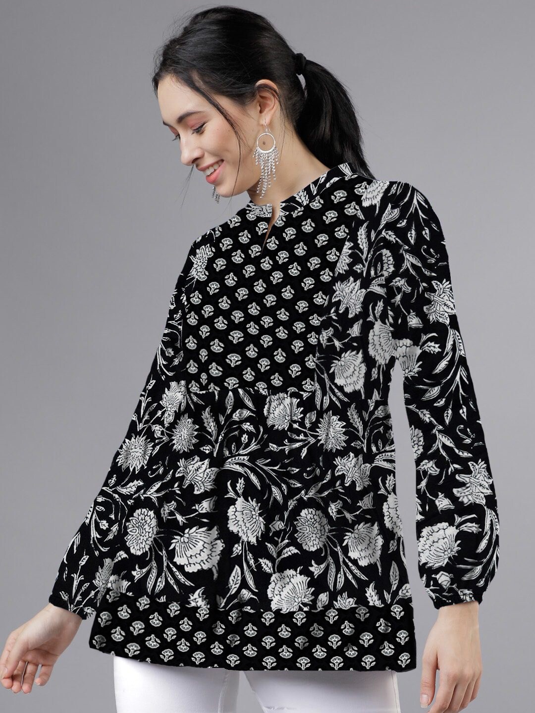 

The Dry State Floral Printed Pure Cotton Mandarin Collar Kurti, Black