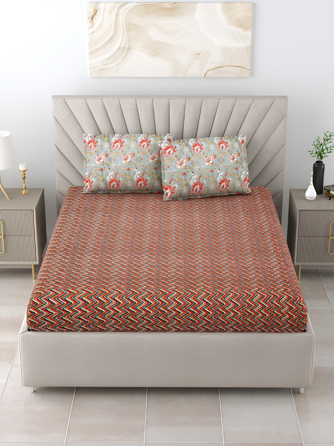 

Salona Bichona Maroon & Grey Striped 160 TC Queen Bedsheet with 2 Pillow Covers