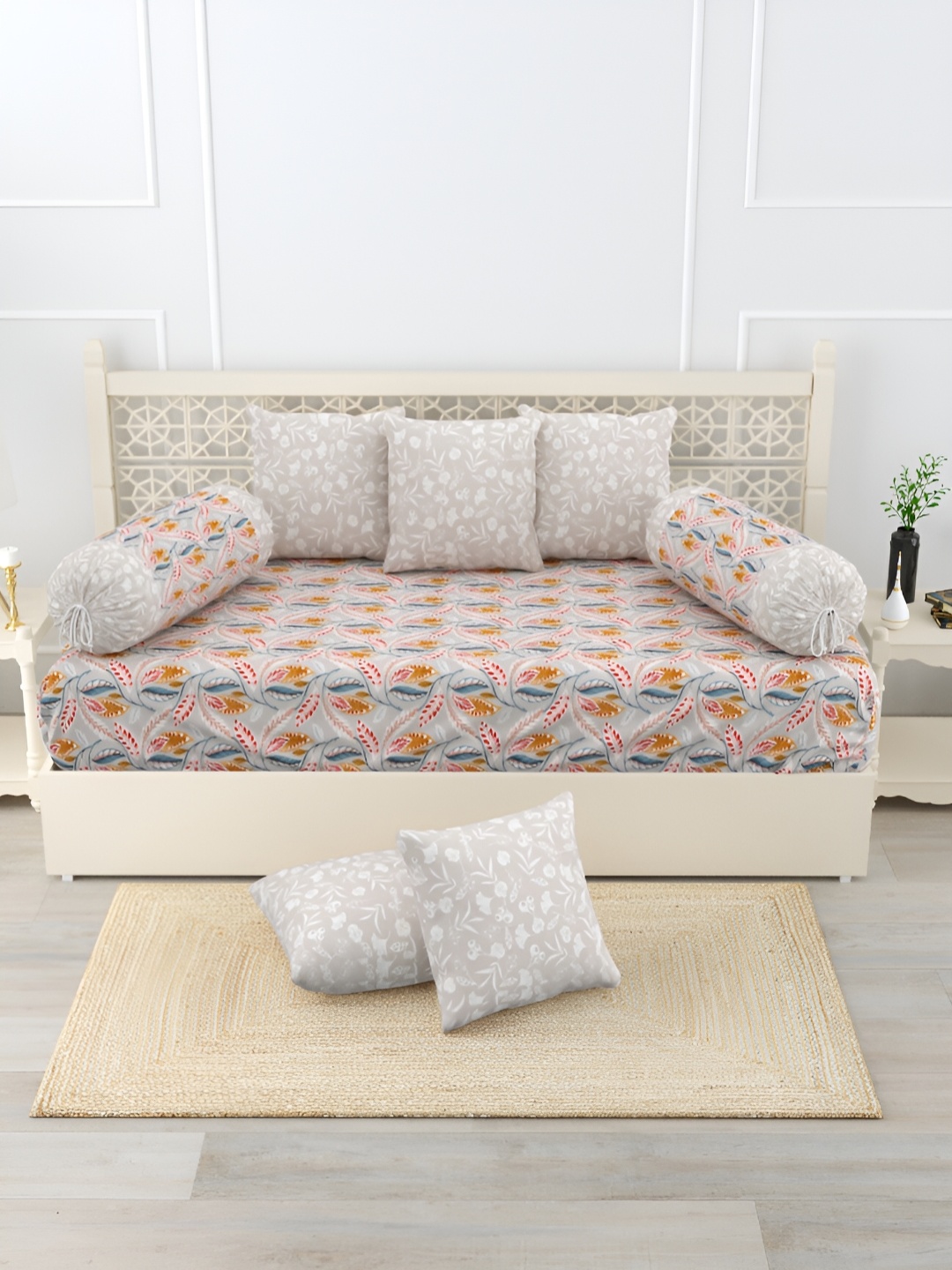 

Salona Bichona Cream & Blue 8 Pieces Printed 120 TC Cotton Diwan Set, Teal