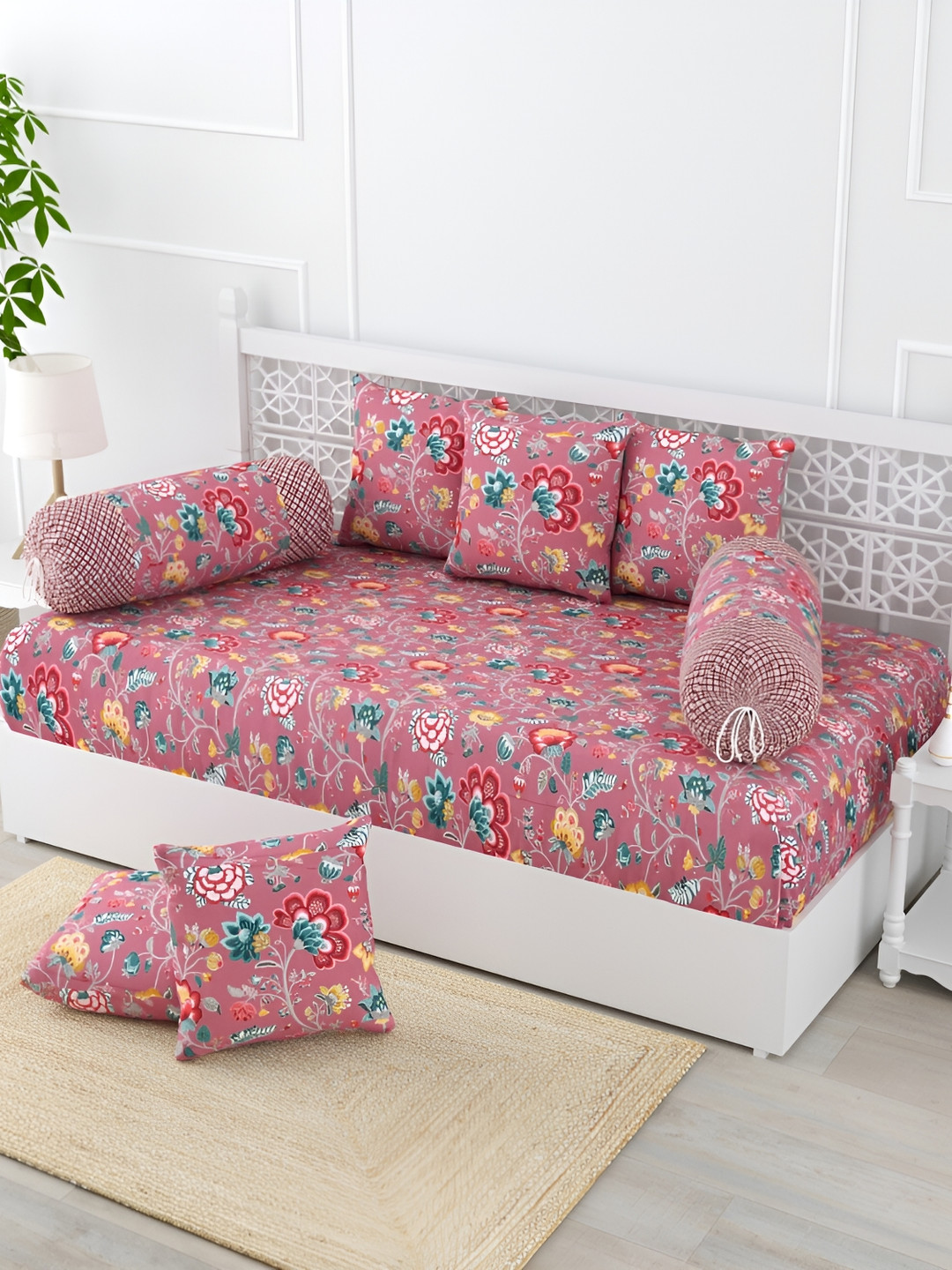 

Salona Bichona Pink & Green 8 Pieces Printed 120 TC Pure Cotton Diwan Set