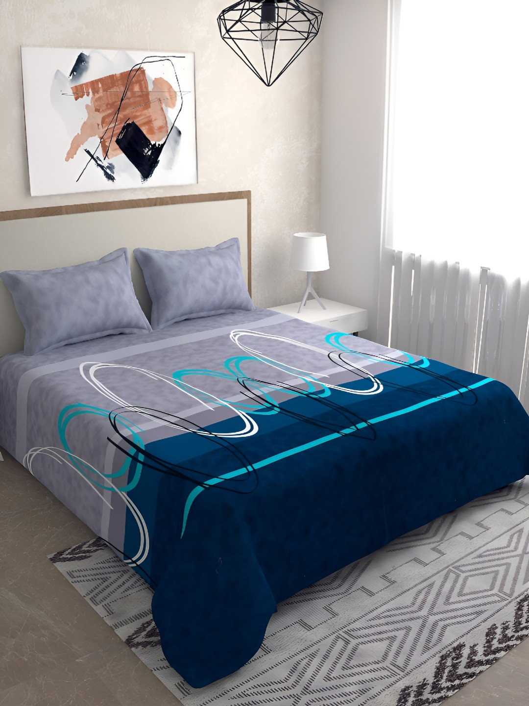 

Salona Bichona Blue & White Geometric 210 TC Queen Bedsheet with 2 Pillow Covers