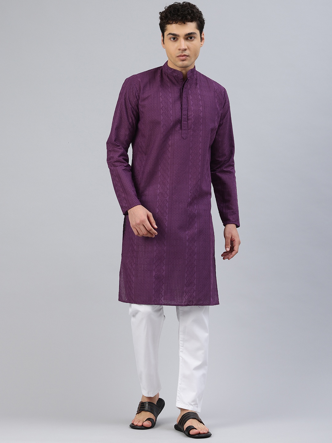 

Majestic Man Men Ethnic Motifs Embroidered Chikankari Kurta, Purple