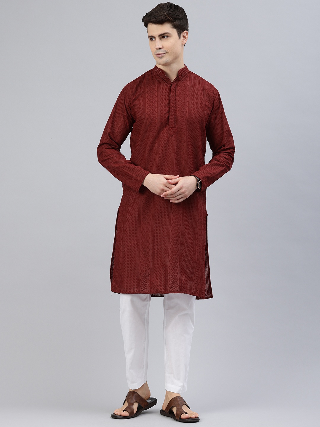 

Majestic Man Men Ethnic Motifs Embroidered Chikankari Kurta, Maroon