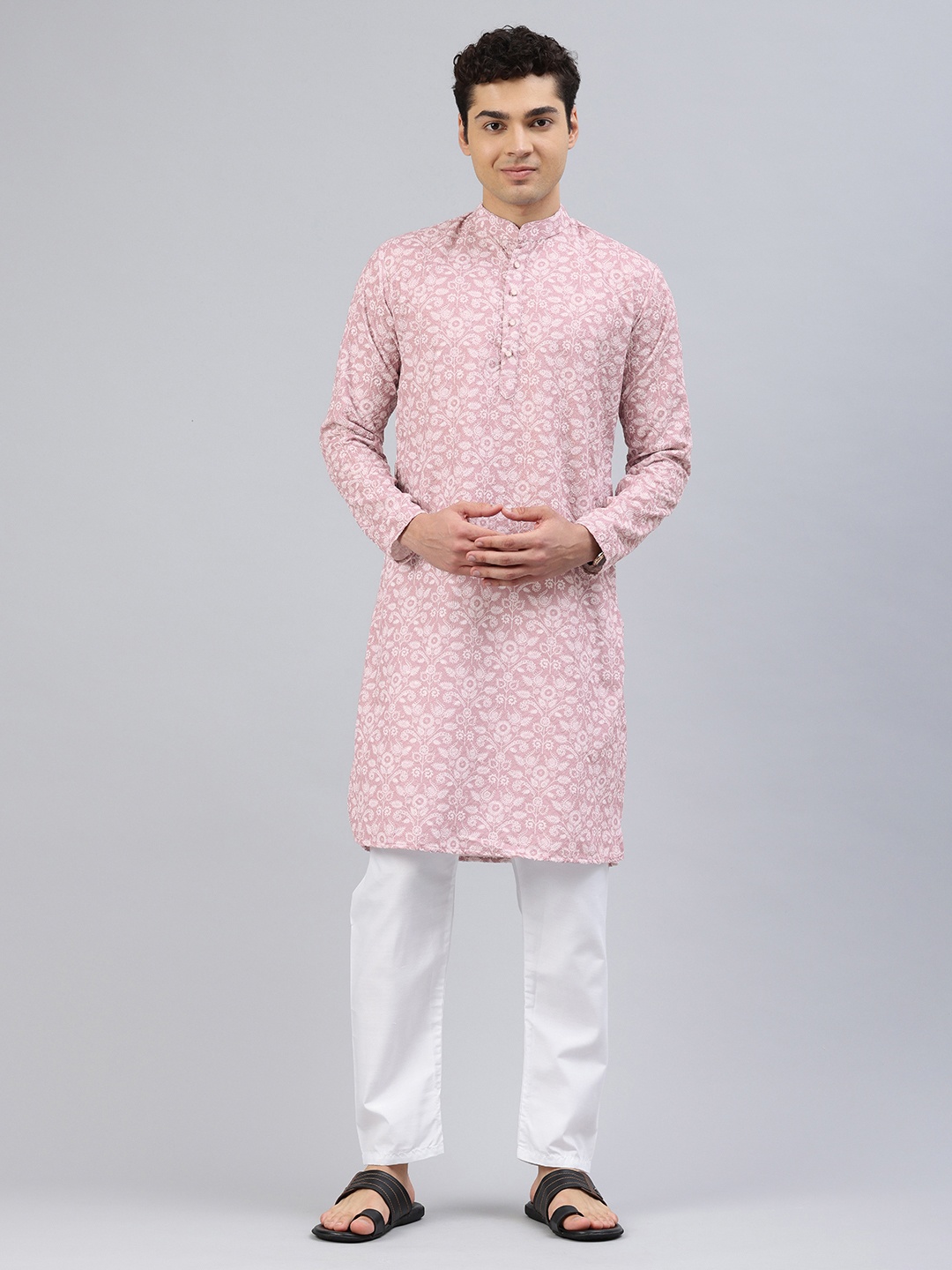 

Majestic Man Men Ethnic Motifs Embroidered Thread Work Kurta, Pink