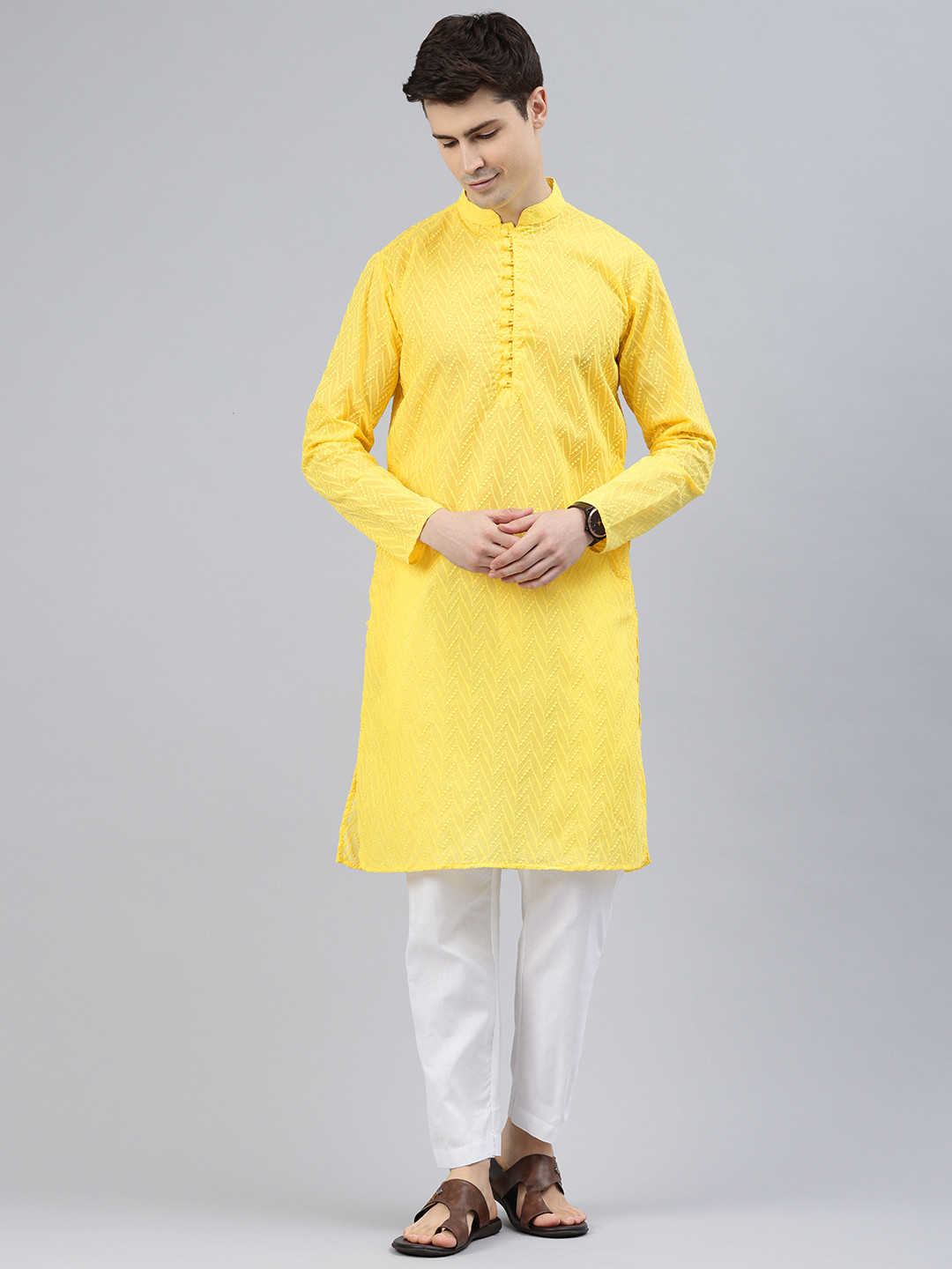 

Majestic Man Men Chevron Embroidered Thread Work Kurta, Yellow