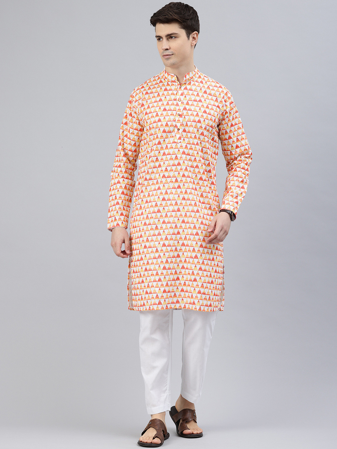 

Majestic Man Men Geometric Embroidered Sequinned Kurta, Orange