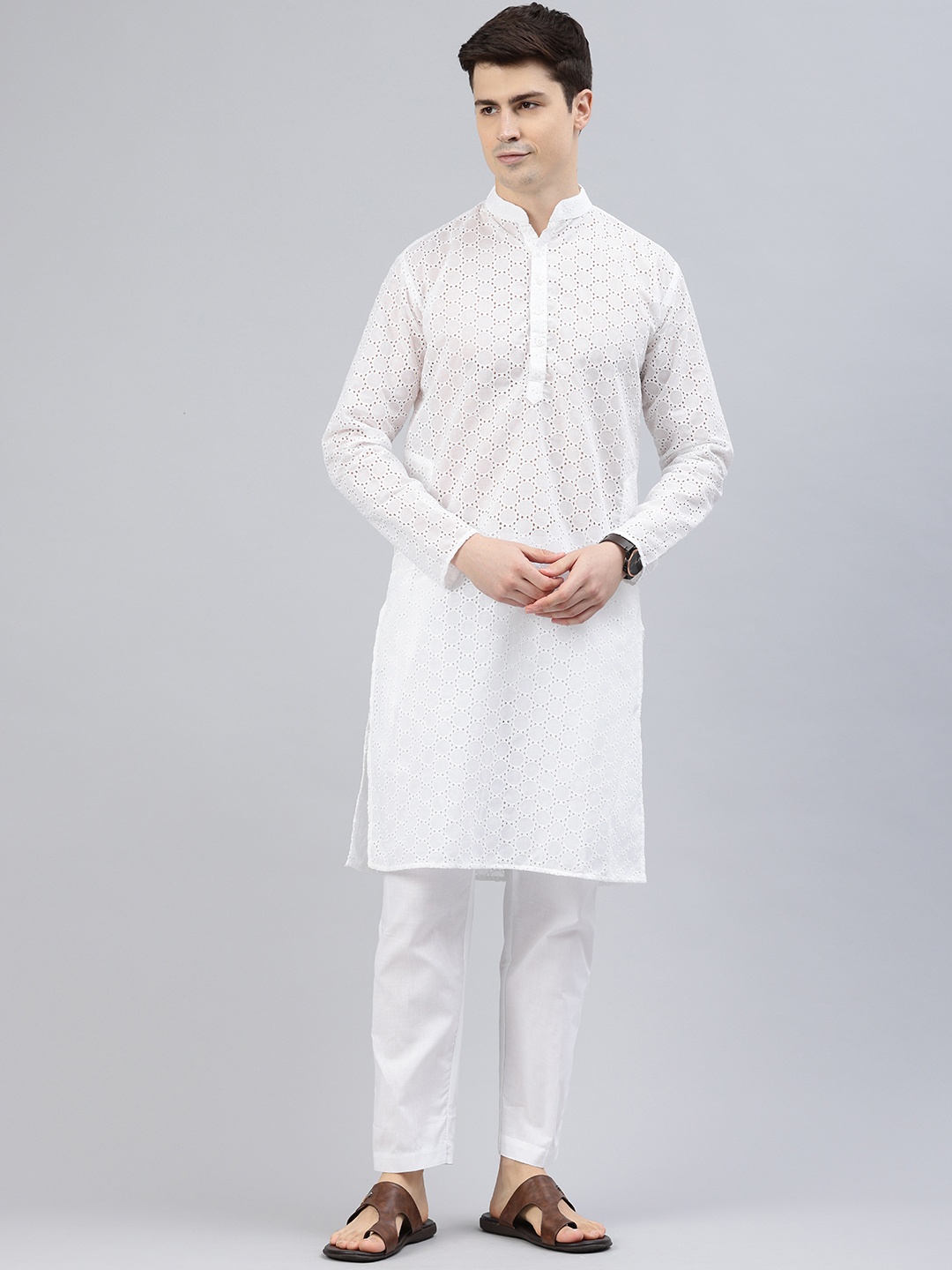 

Majestic Man Men Geometric Embroidered Kurta, White