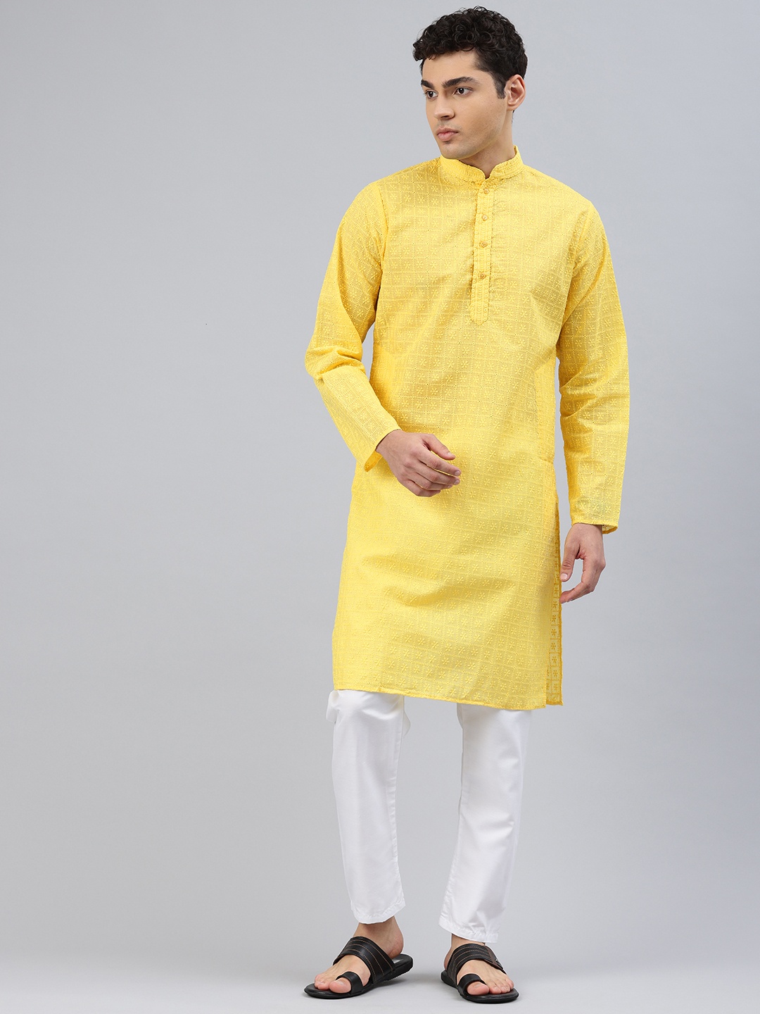 

Majestic Man Men Ethnic Motifs Embroidered Chikankari Kurta, Yellow