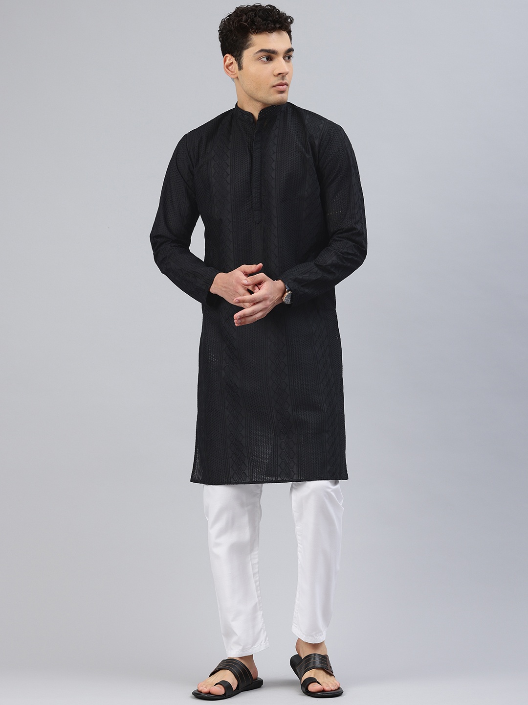 

Majestic Man Men Ethnic Motifs Embroidered Chikankari Kurta, Black