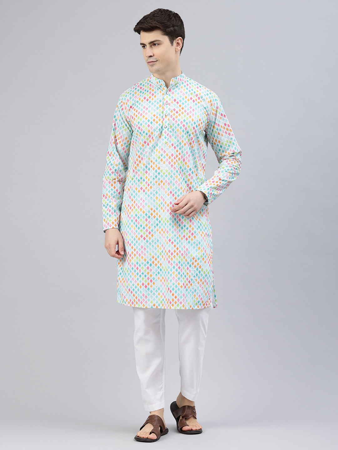 

Majestic Man Men Geometric Embroidered Thread Work Kurta, White
