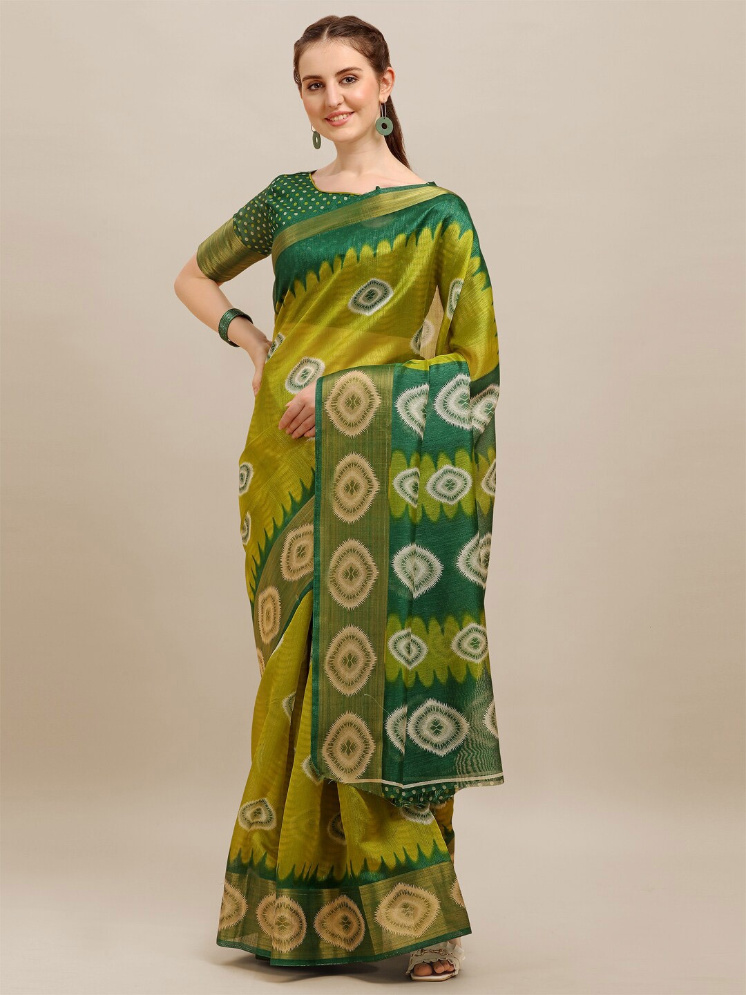 

KALINI Bandhani Zari Saree, Green