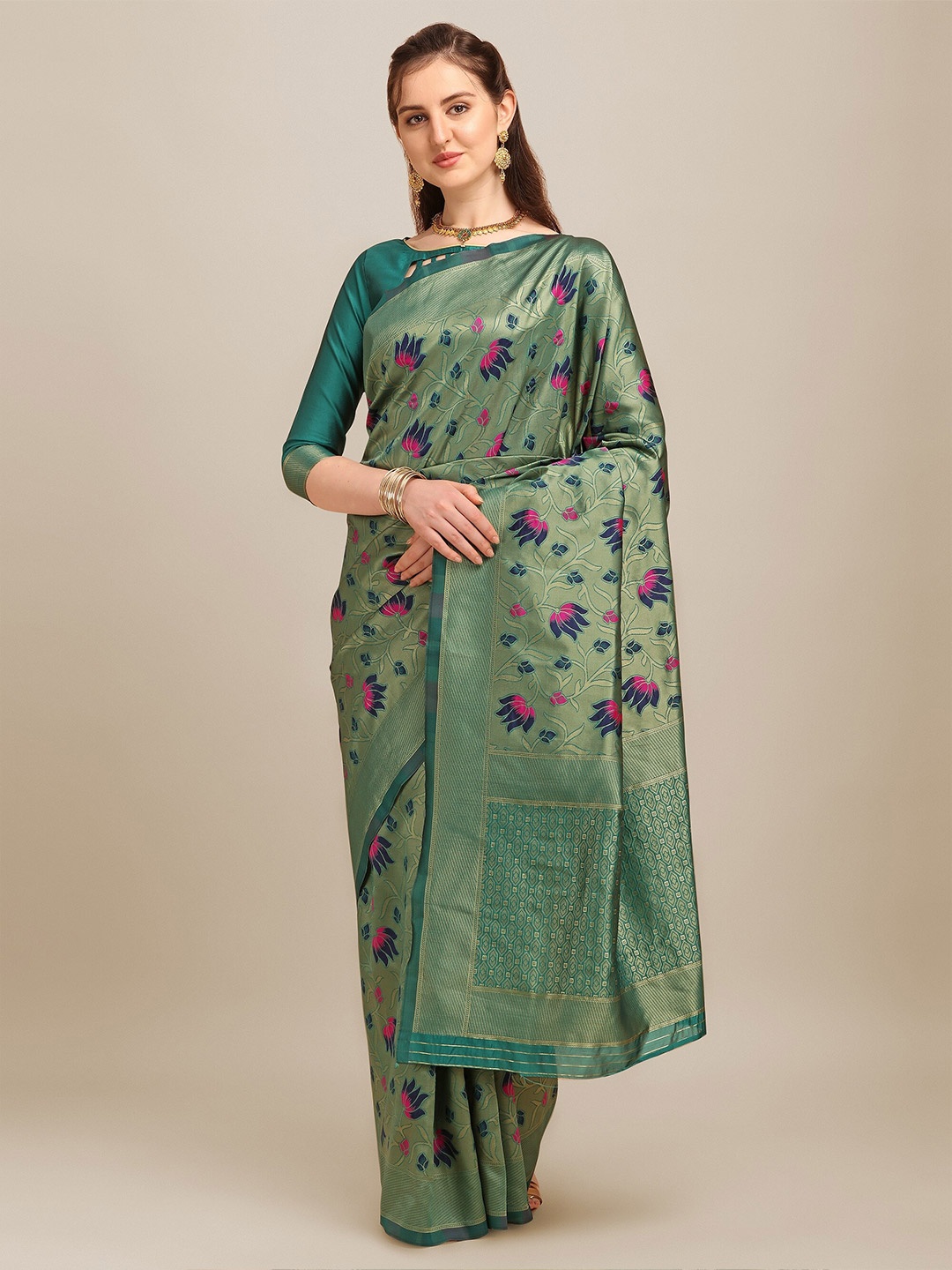 

KALINI Woven Design Zari Silk Cotton Banarasi Saree, Green