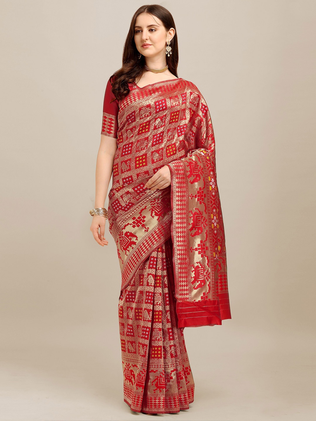 

KALINI Woven Design Zari Silk Cotton Banarasi Saree, Red