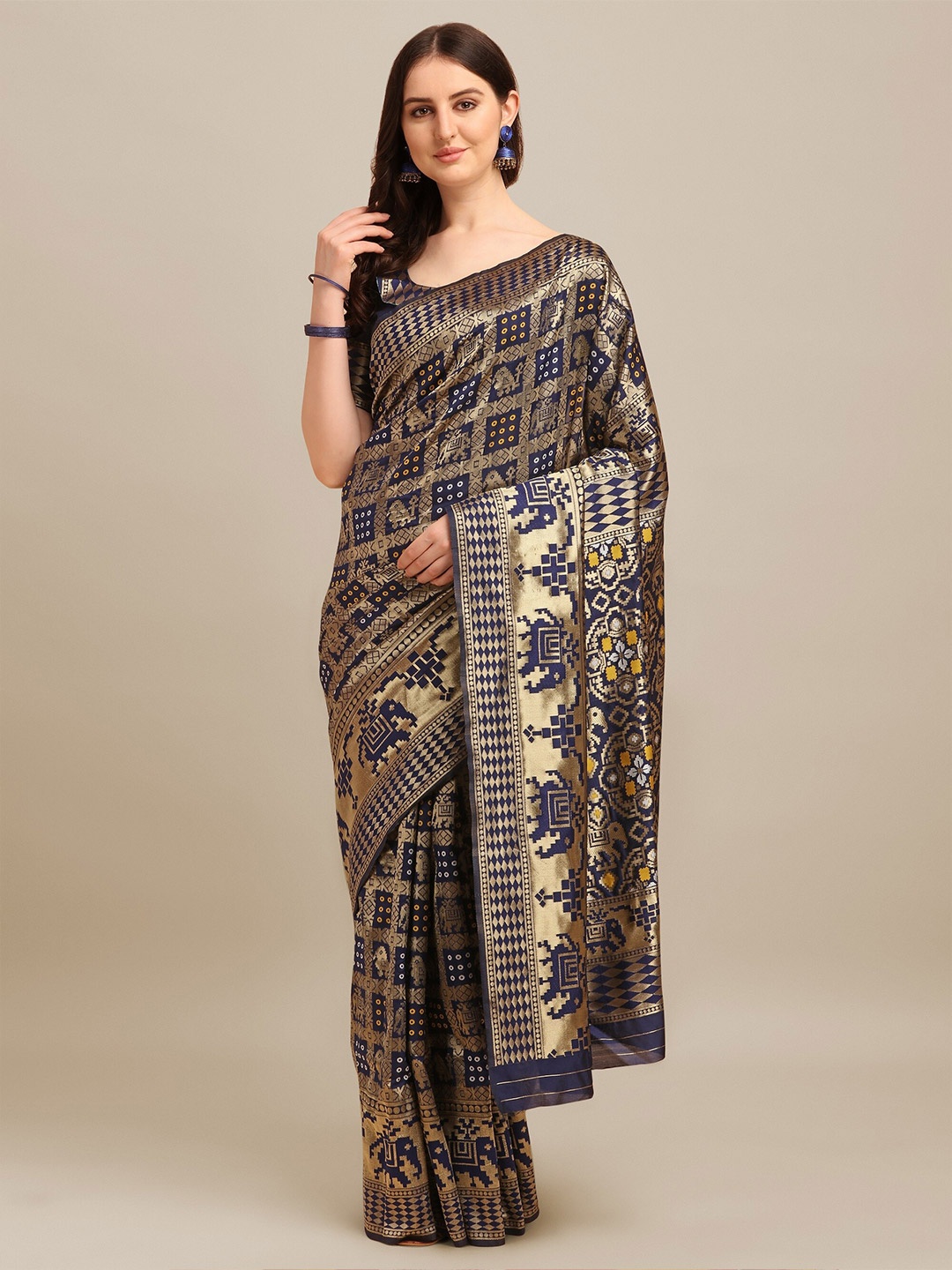 

KALINI Woven Design Zari Silk Cotton Banarasi Saree, Navy blue