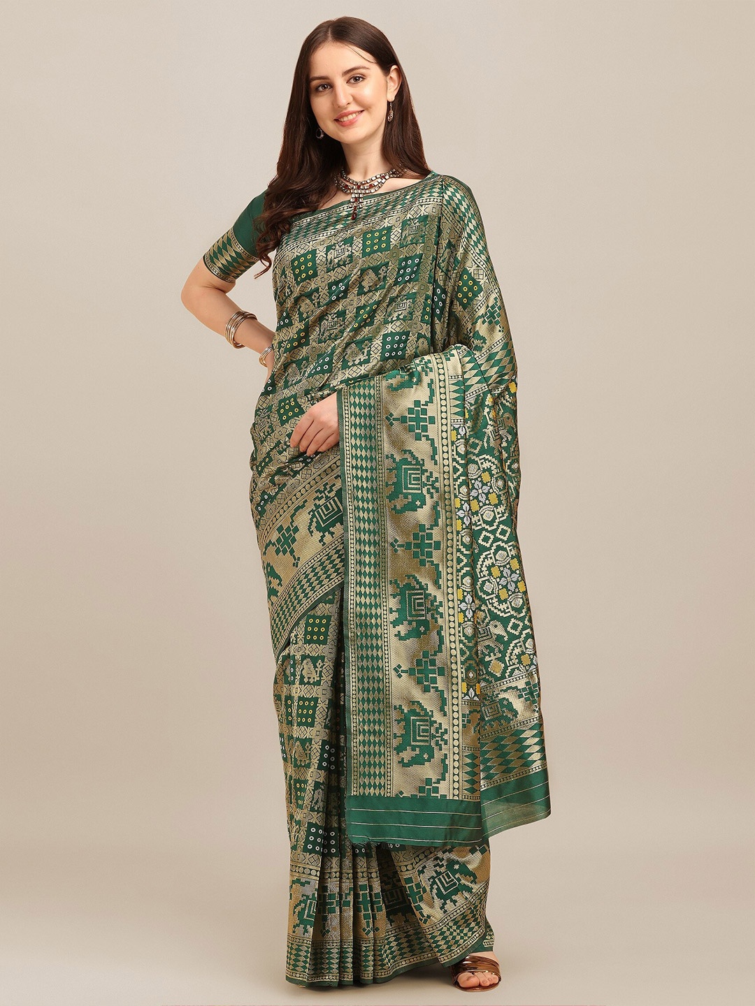 

KALINI Woven Design Silk Cotton Banarasi Zari Saree, Green
