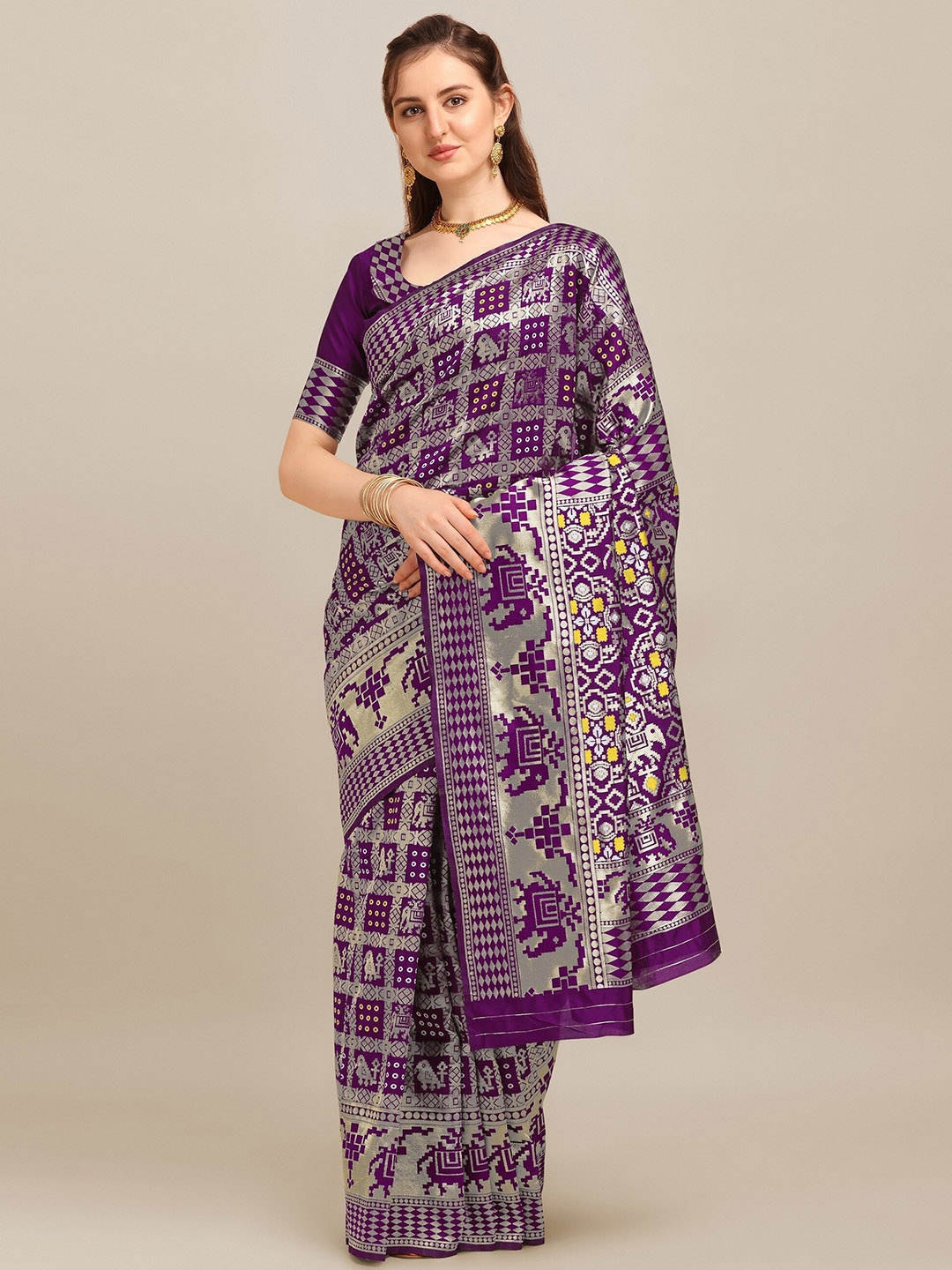 

KALINI Bandhani Zari Silk Cotton Banarasi Saree, Purple
