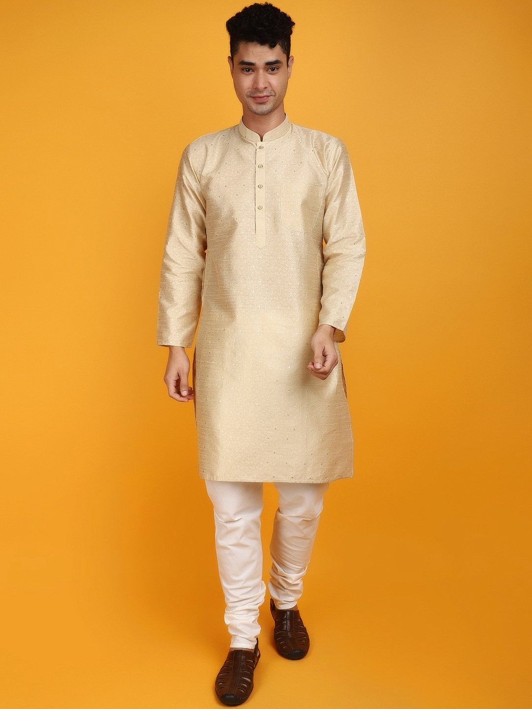 

V-Mart Ethnic Motifs Woven Design Mandarin Collar Straight Kurta with Churidar, Beige