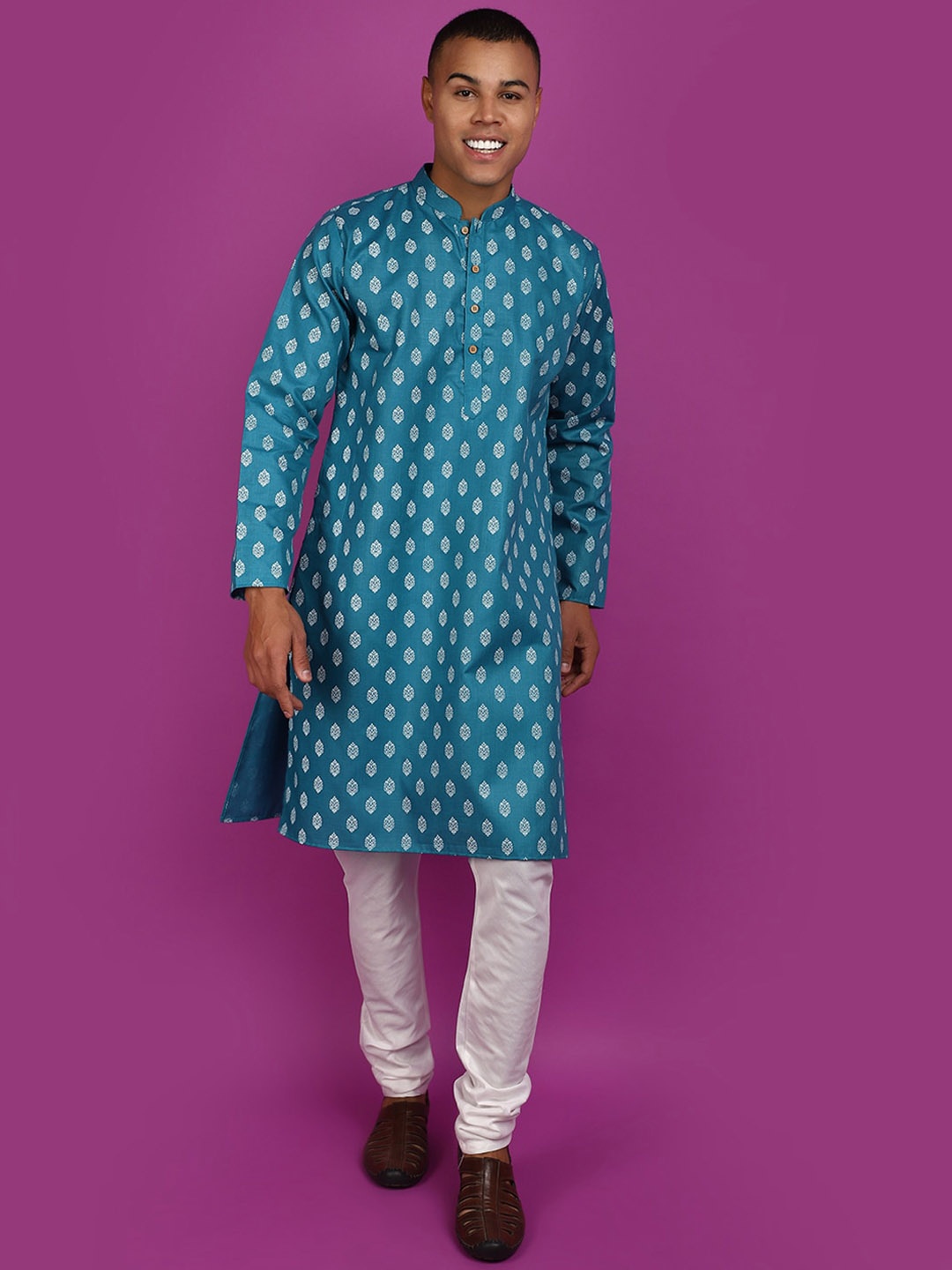 

V-Mart Ethnic Motifs Printed Mandarin Collar Pure Cotton Kurta with Pyjamas, Blue