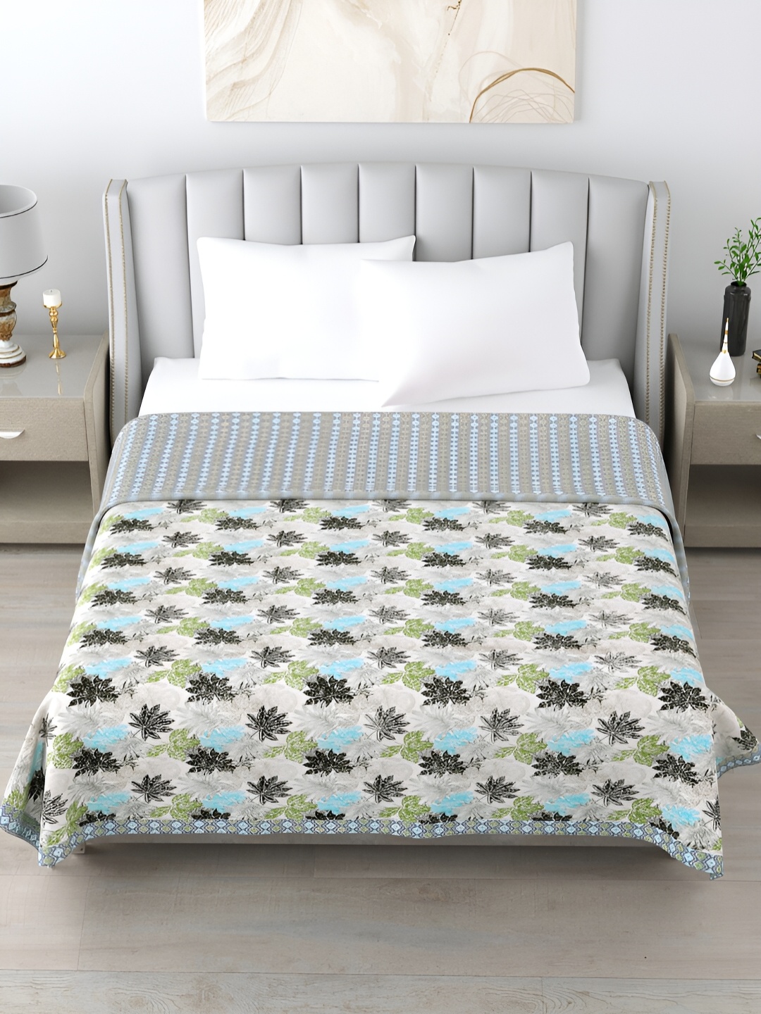 

Home Fresh Grey & Green Ethnic Motifs AC Room 210 GSM Cotton Double Bed Dohar