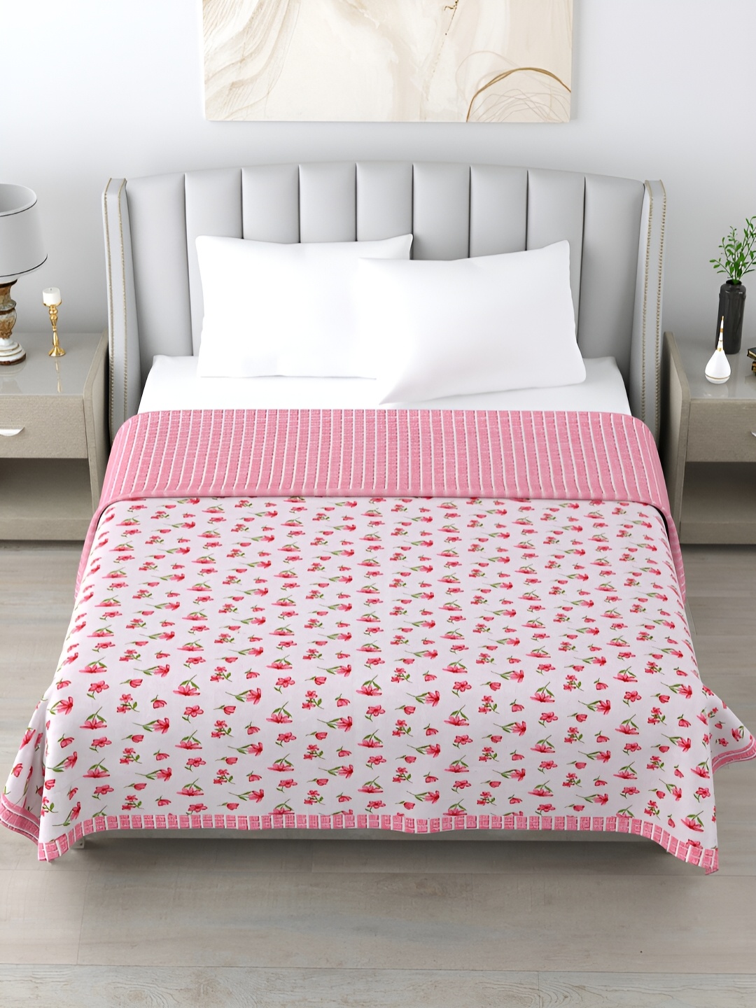 

Home Fresh Pink & White Floral AC Room 210 GSM Cotton Double Bed Dohar