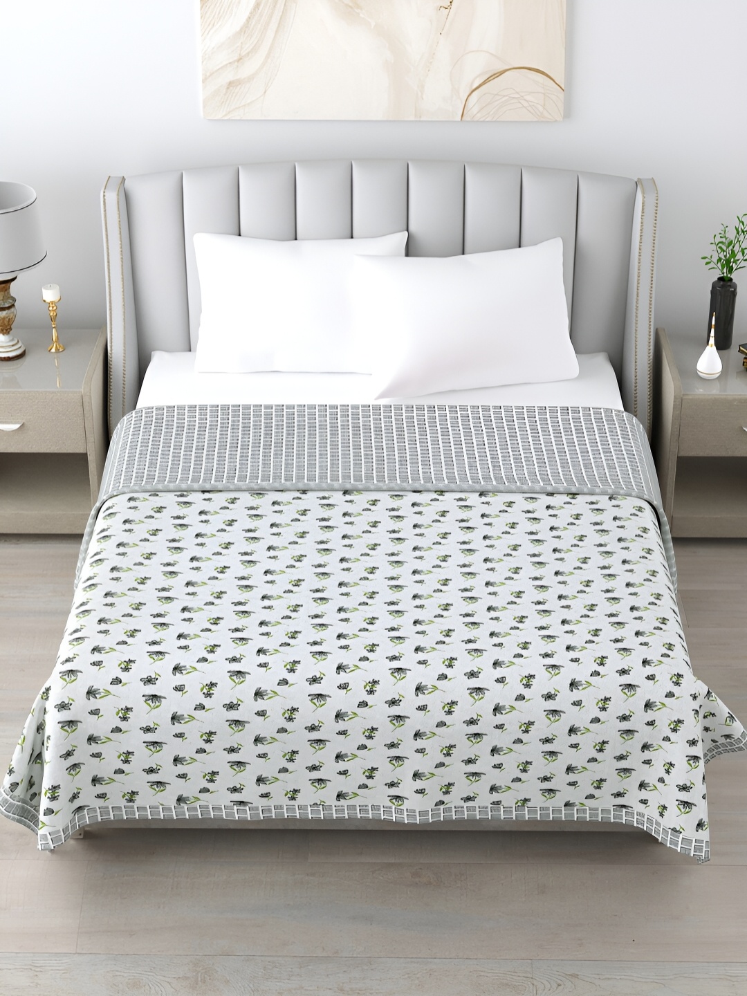 

Home Fresh Grey & White Floral AC Room 210 GSM Cotton Double Bed Dohar