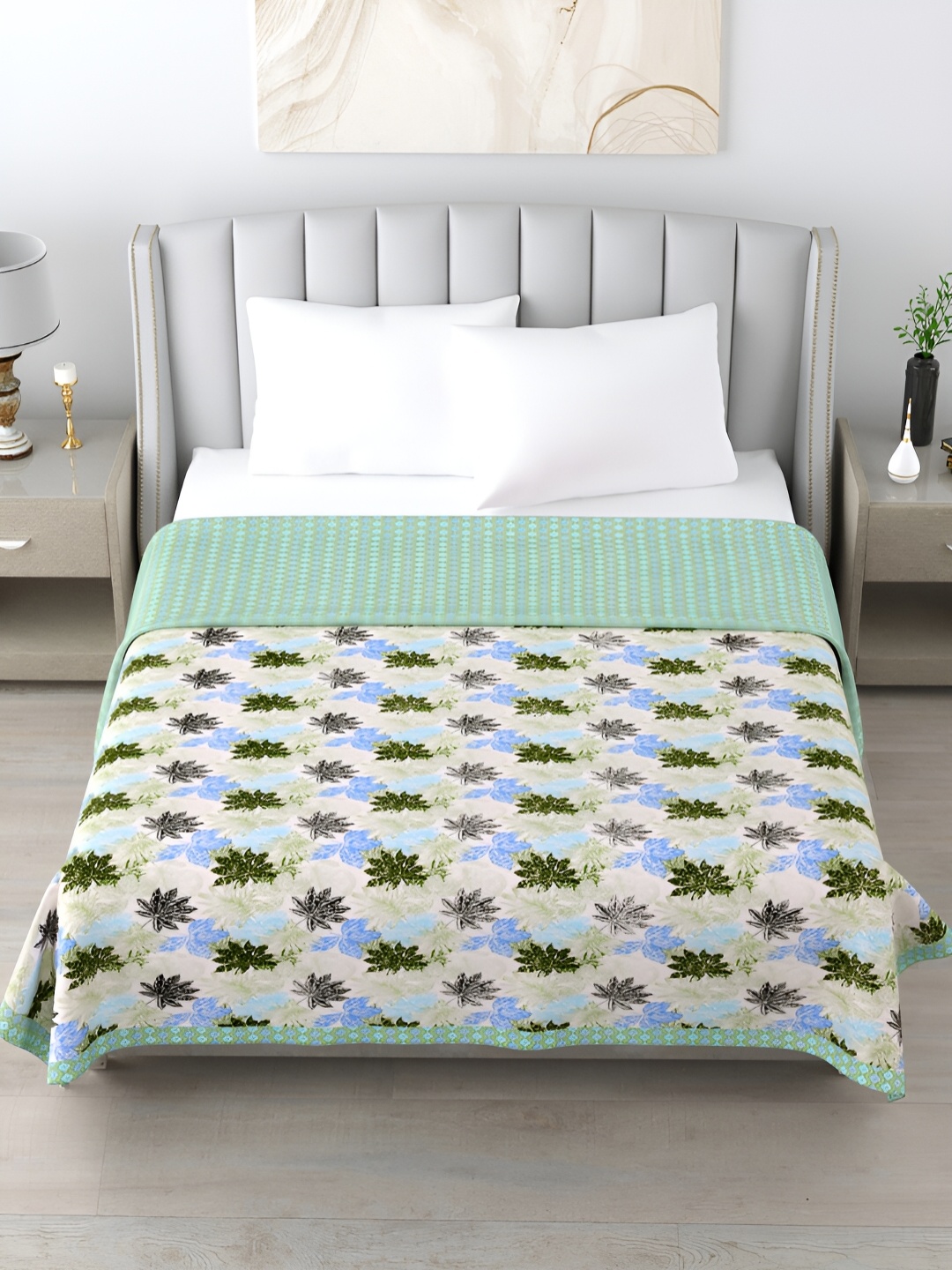 

Home Fresh Green & White Floral AC Room 210 GSM Cotton Double Bed Dohar