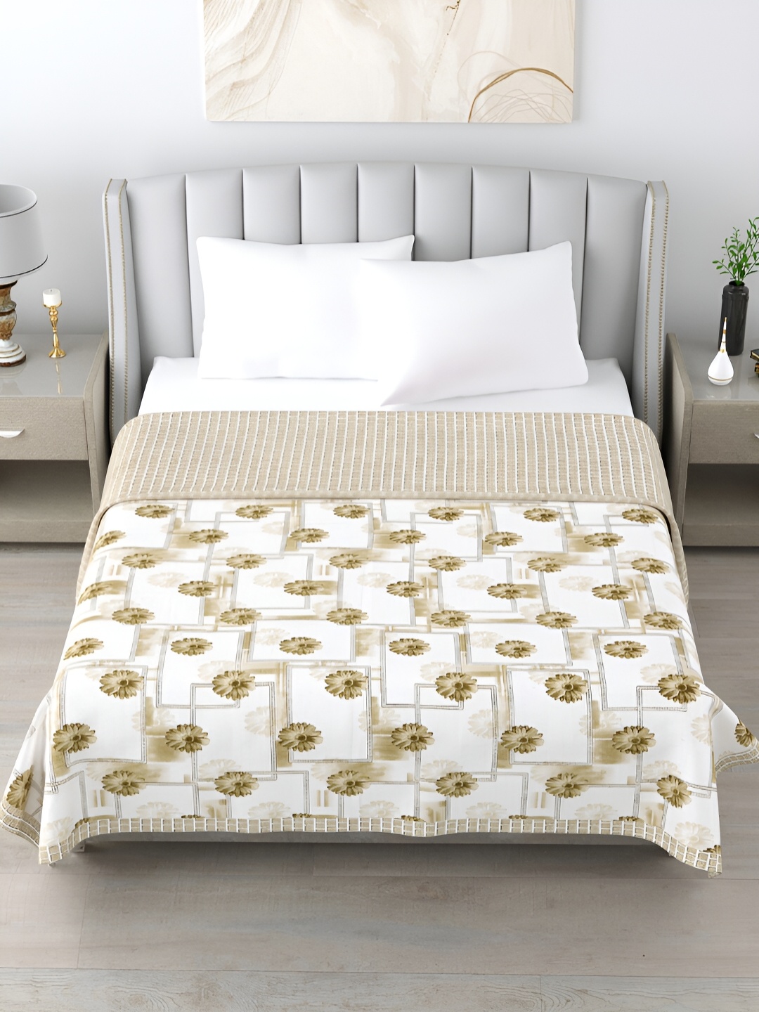 

Home Fresh Beige & White Floral AC Room 210 GSM Cotton Double Bed Dohar