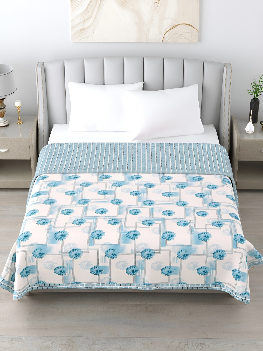 

Home Fresh Blue & White Floral AC Room 210 GSM Cotton Double Bed Dohar