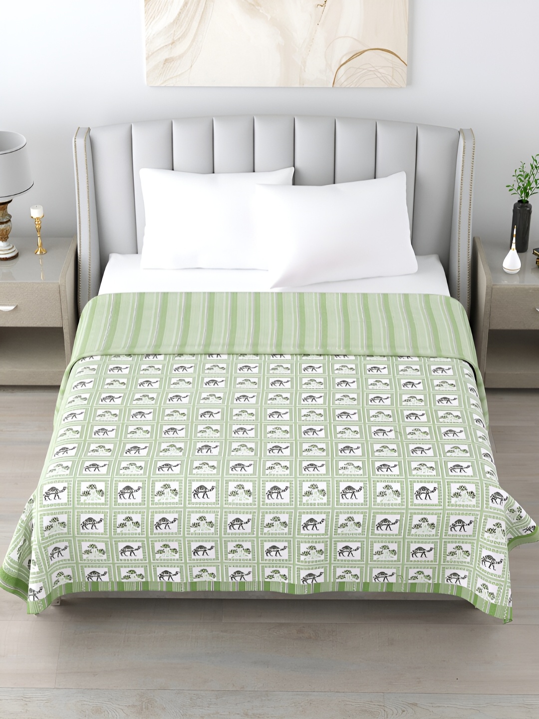 

Home Fresh Green & White Floral AC Room 210 GSM Cotton Double Bed Dohar