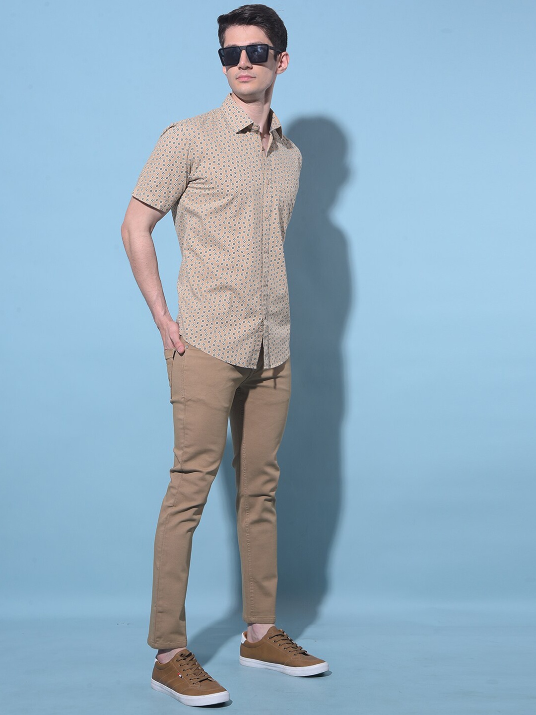 

Crimsoune Club Slim Fit Micro Printed Spread Collar Short Sleeves Cotton Casual Shirt, Beige