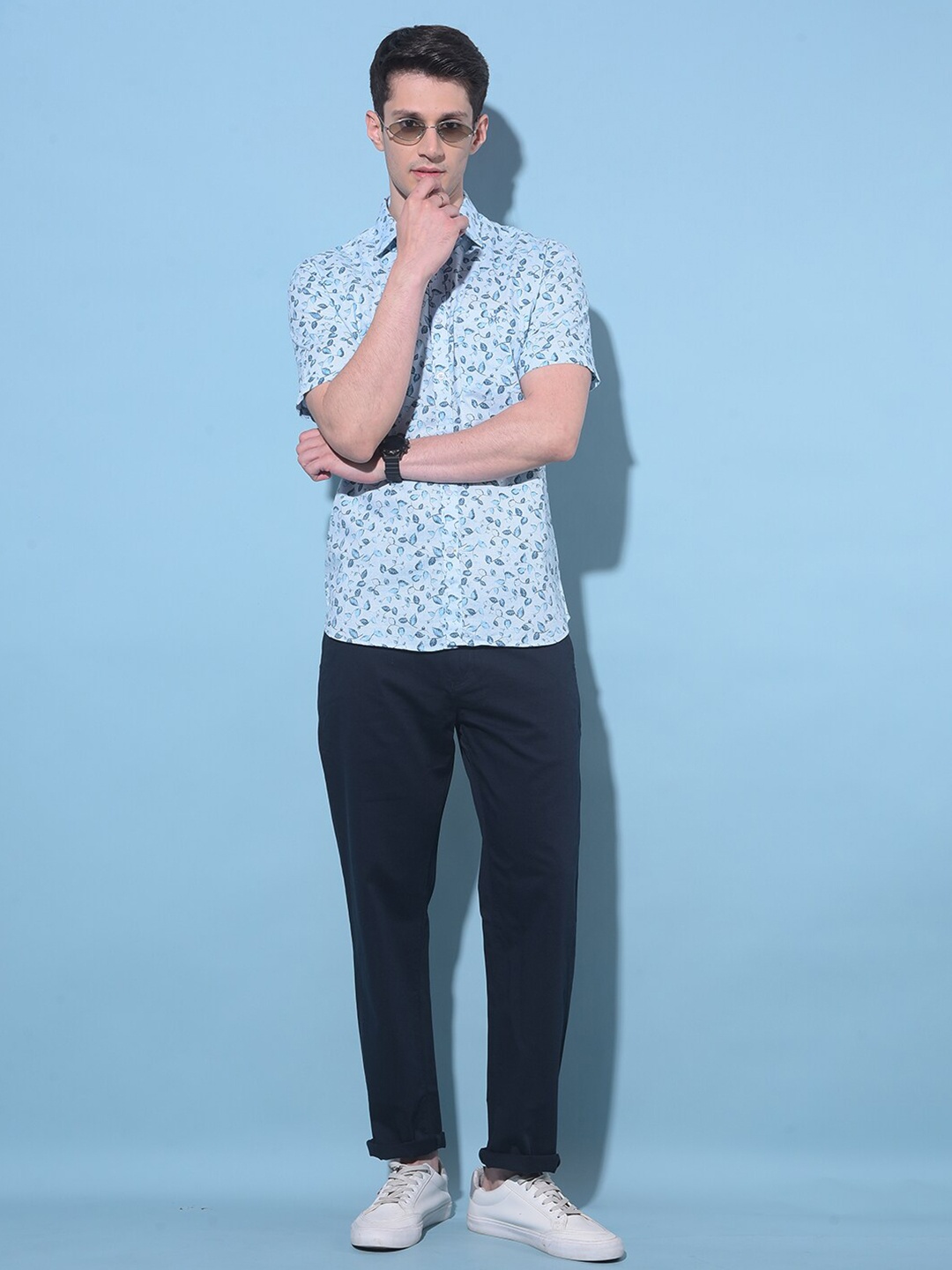 

Crimsoune Club Classic Slim Fit Floral Printed Spread Collar Cotton Shirt, Blue