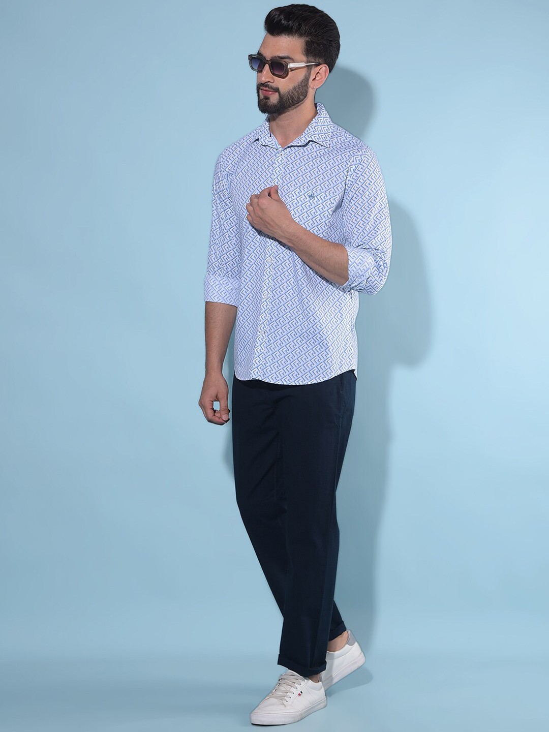 

Crimsoune Club Classic Slim Fit Geometric Printed Spread Collar Cotton Shirt, Blue