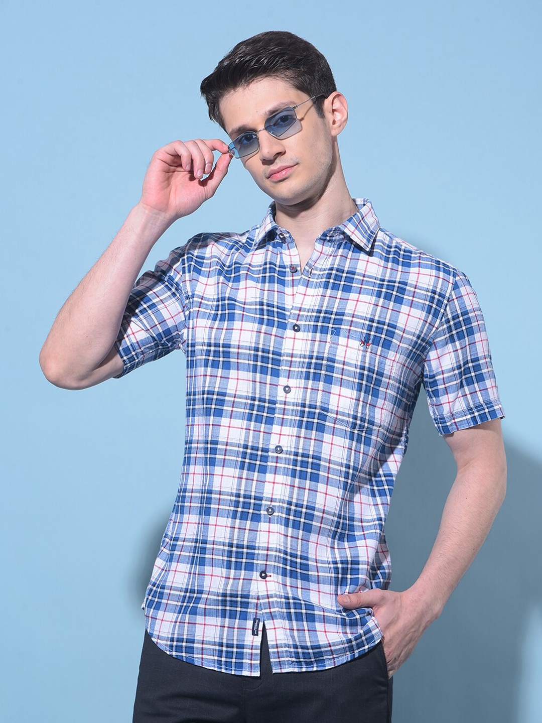

Crimsoune Club Classic Slim Fit Tartan Checks Cotton Casual Shirt, Blue