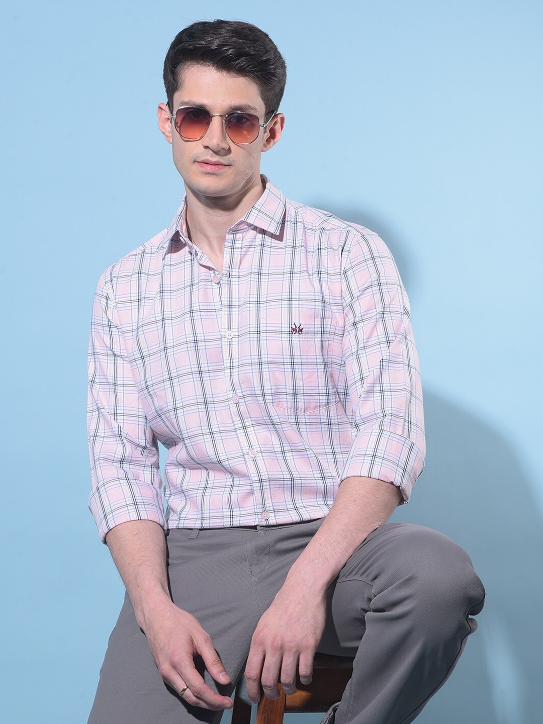 

Crimsoune Club Classic Slim Fit Windowpane Checked Casual Shirt, Peach