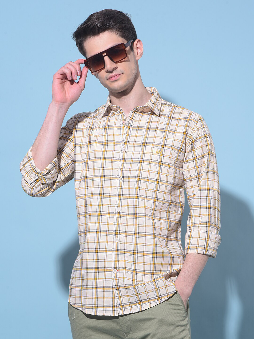 

Crimsoune Club Classic Tartan Checks Spread Collar Slim Fit Cotton Casual Shirt, Yellow