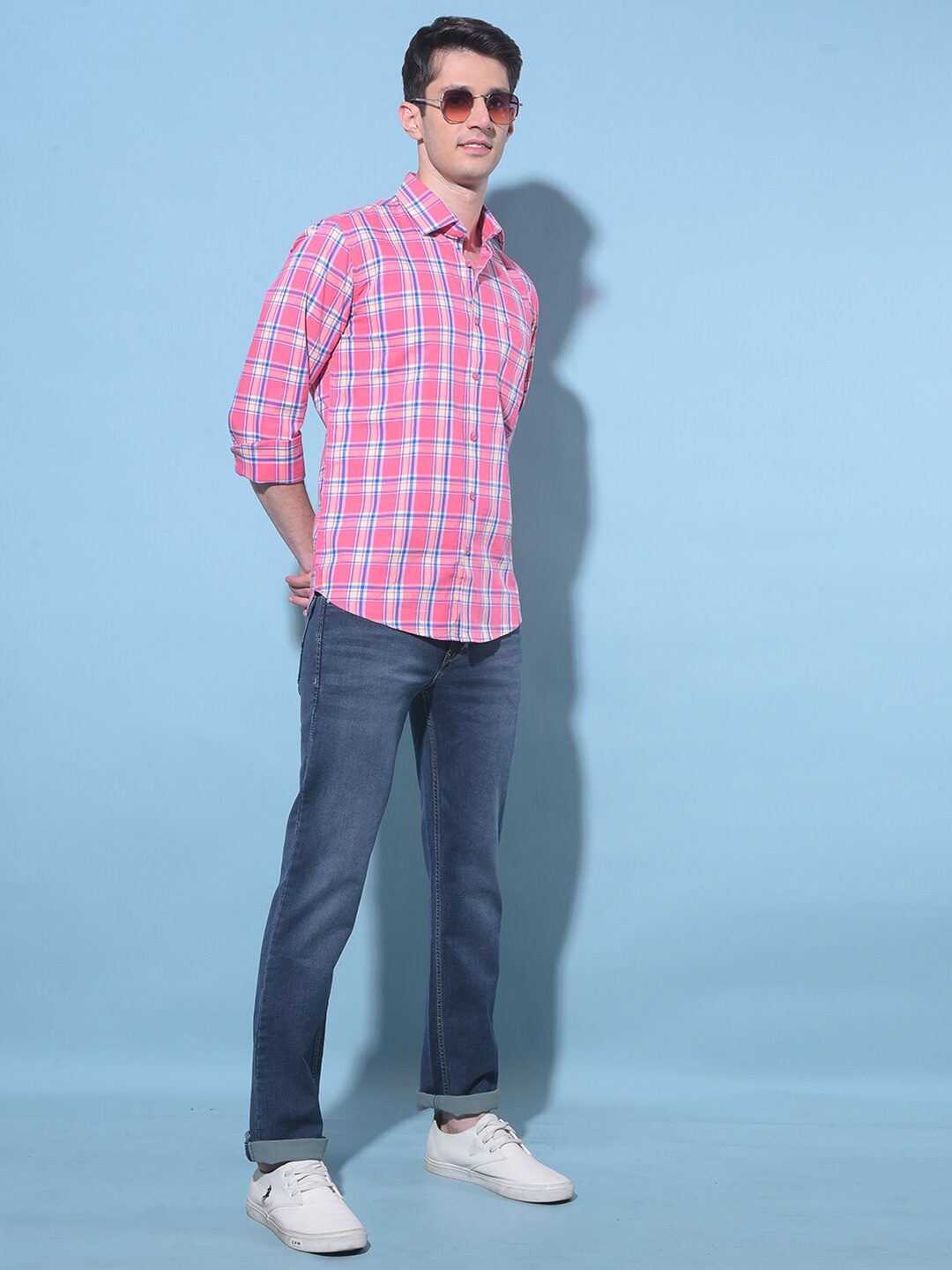 

Crimsoune Club Resort Collar Slim Fit Tartan Checked Casual Shirt, Pink