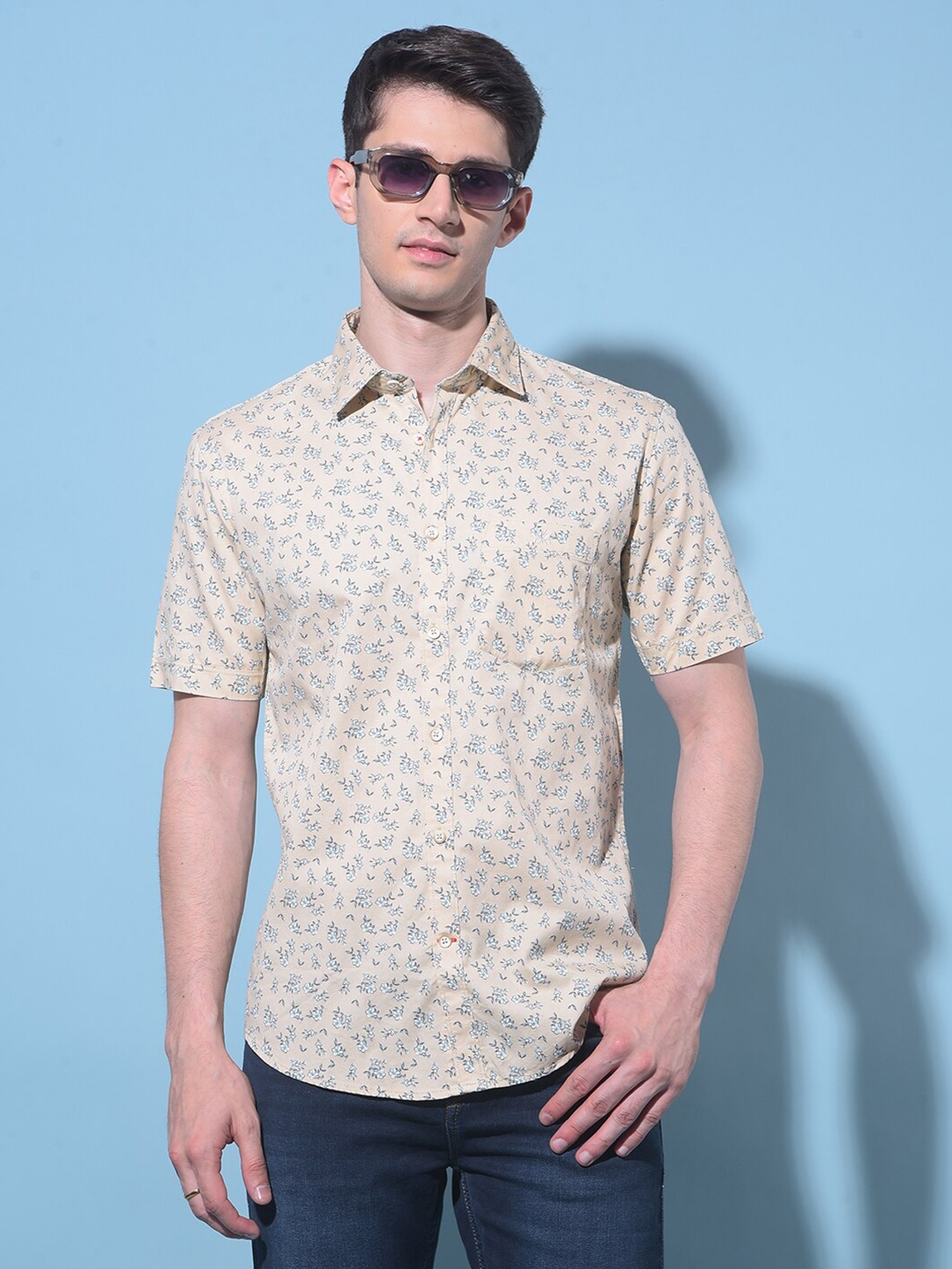 

Crimsoune Club Classic Slim Fit Floral Cotton Printed Casual Shirt, Cream