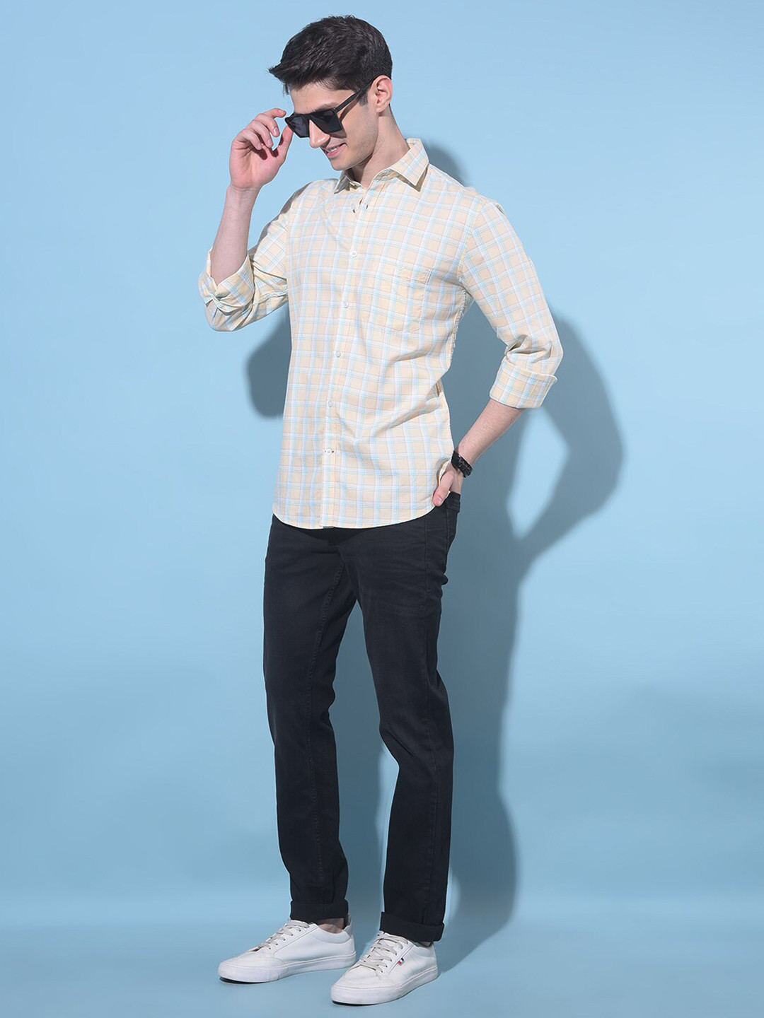 

Crimsoune Club Classic Slim Fit Tartan Checked Spread Collar Cotton Shirt, Yellow