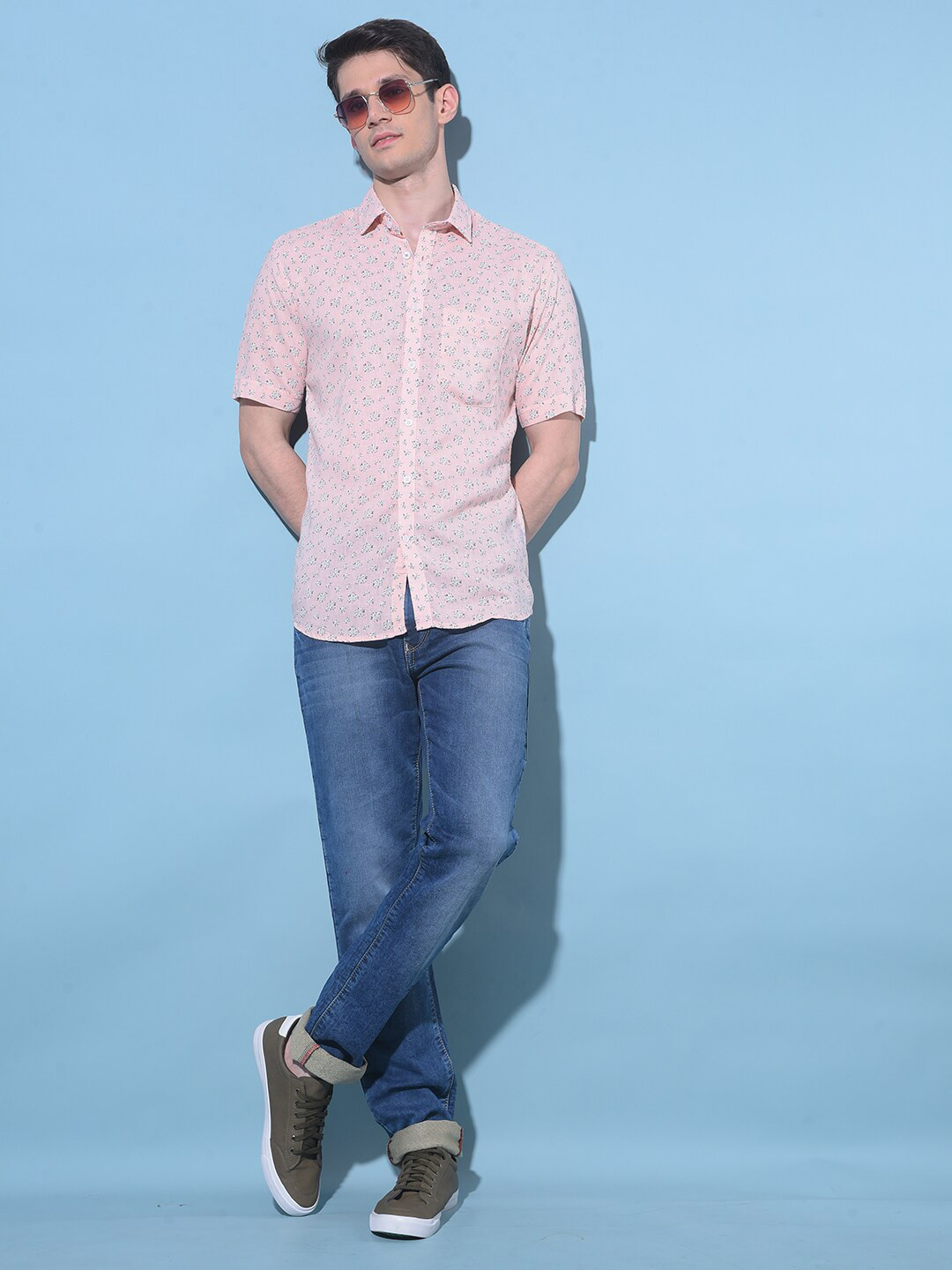 

Crimsoune Club Classic Slim Fit Floral Printed Cotton Casual Shirt, Peach