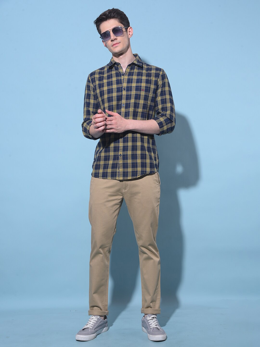 

Crimsoune Club Classic Checked Printed Spread Collar Cotton Curved Slim Fit Casual Shirt, Mustard