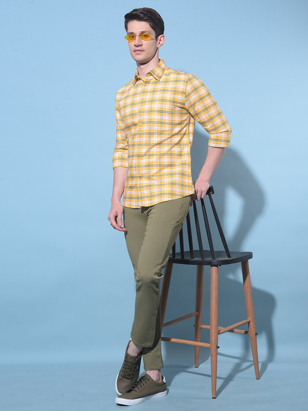 

Crimsoune Club Slim Fit Checked Spread Collar Long Sleeves Cotton Casual Shirt, Mustard