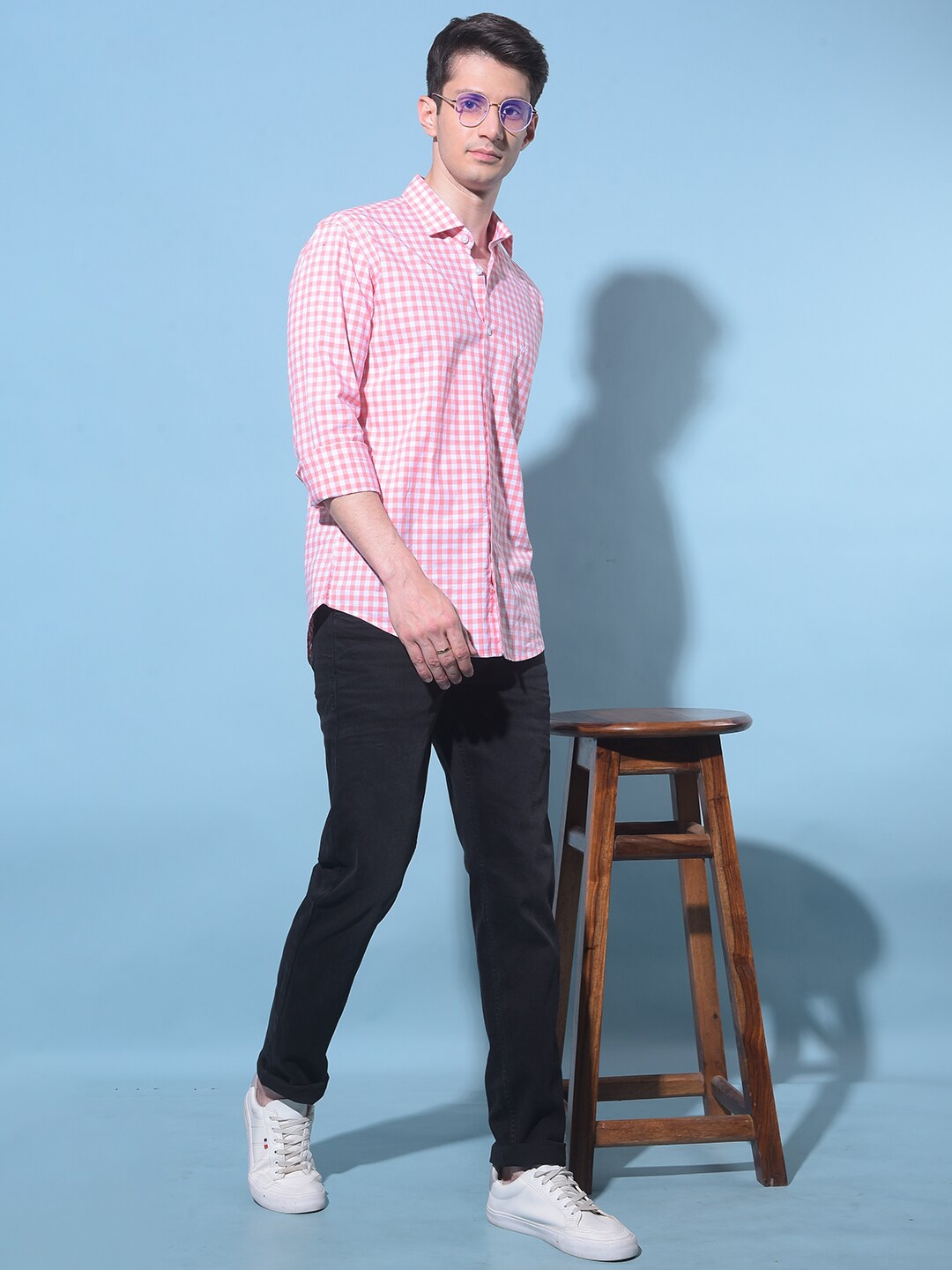 

Crimsoune Club Resort Collar Slim Fit Tartan Checked Cotton Casual Shirt, Peach