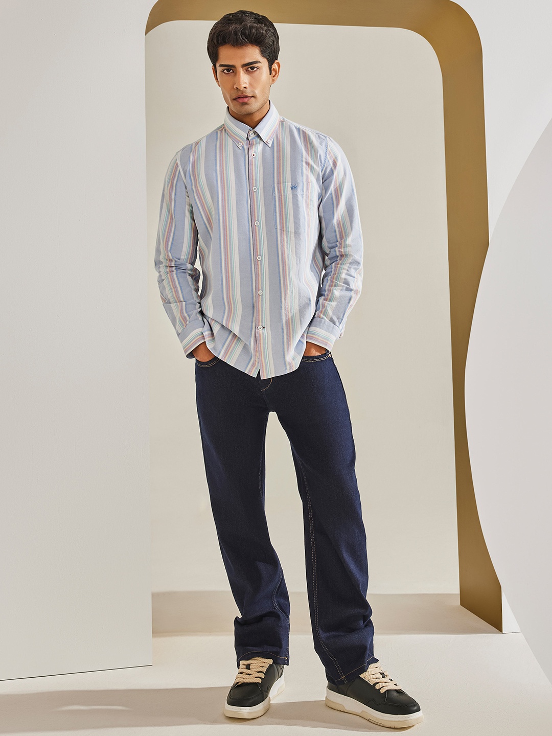 

Crimsoune Club Classic Slim Fit Cotton Striped Casual Shirt, Blue